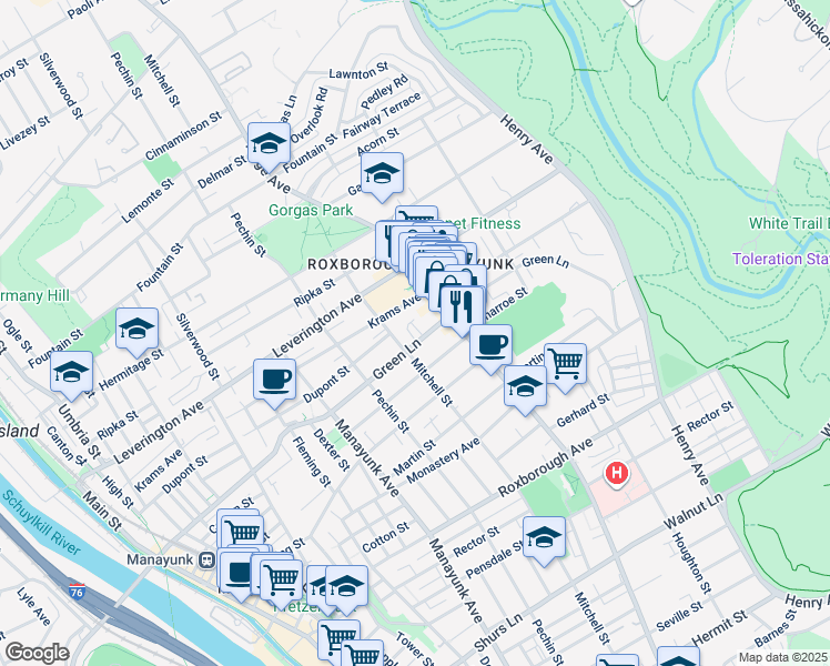 map of restaurants, bars, coffee shops, grocery stores, and more near 466 Green Lane in Philadelphia