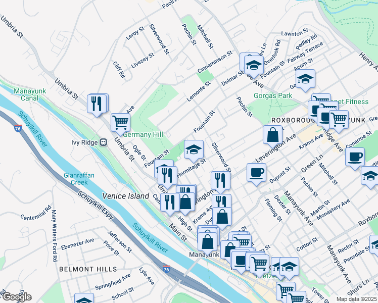 map of restaurants, bars, coffee shops, grocery stores, and more near 4724 Fowler Street in Philadelphia