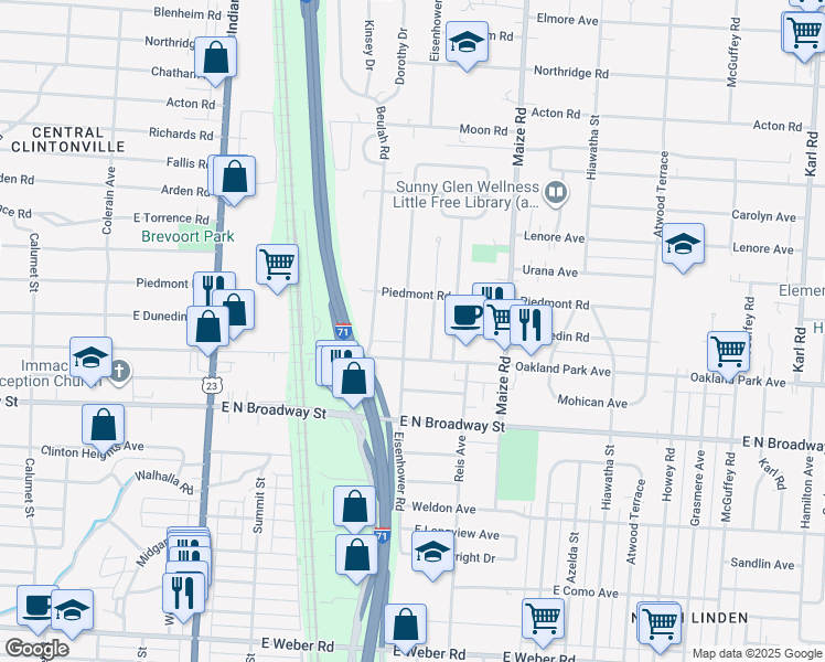 map of restaurants, bars, coffee shops, grocery stores, and more near 3363 Eisenhower Road in Columbus