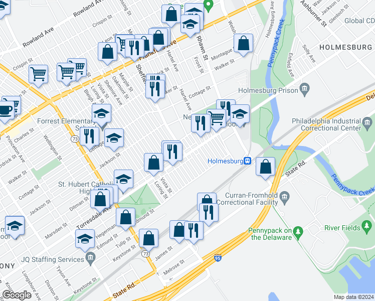 map of restaurants, bars, coffee shops, grocery stores, and more near 7708 Torresdale Ave in Philadelphia
