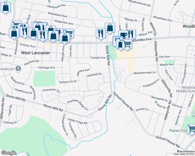 map of restaurants, bars, coffee shops, grocery stores, and more near 213 Oakfield Court West in Lancaster