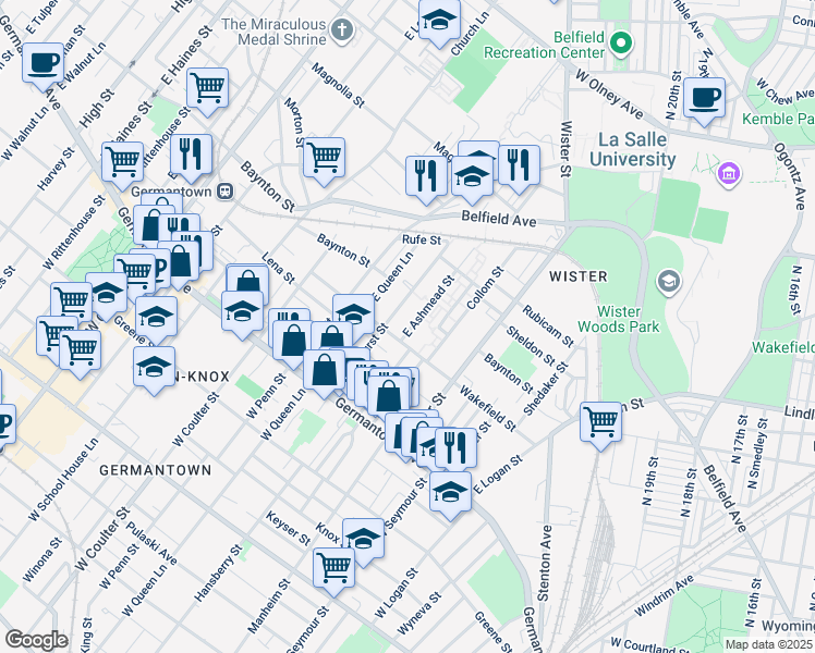 map of restaurants, bars, coffee shops, grocery stores, and more near 233 East Ashmead Street in Philadelphia