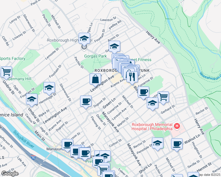 map of restaurants, bars, coffee shops, grocery stores, and more near 425 Krams Avenue in Philadelphia