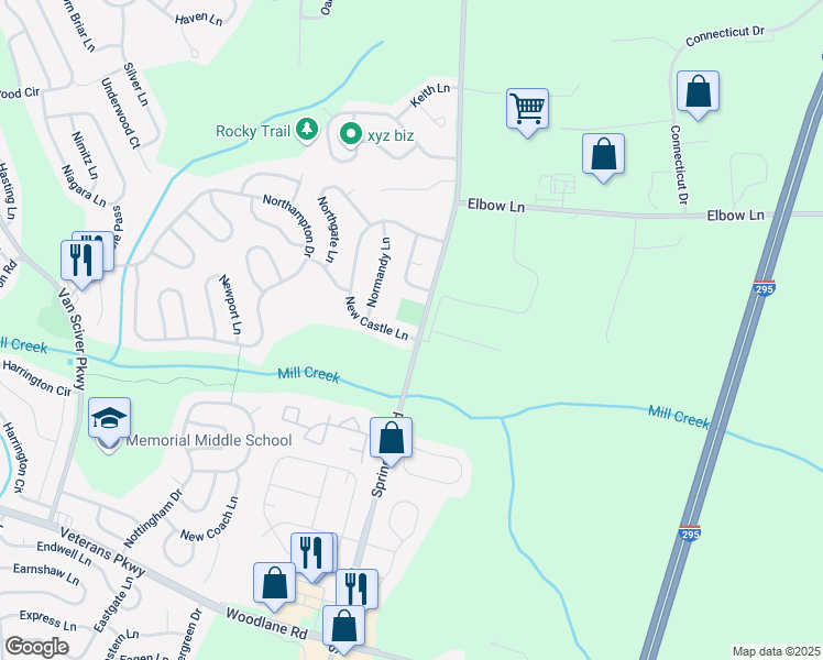 map of restaurants, bars, coffee shops, grocery stores, and more near 130 New Castle Lane in Willingboro