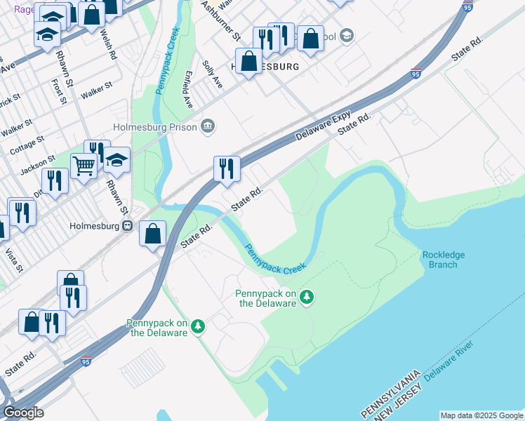 map of restaurants, bars, coffee shops, grocery stores, and more near 8201 State Road in Philadelphia