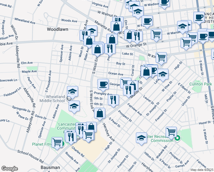 map of restaurants, bars, coffee shops, grocery stores, and more near 323 Pearl Street in Lancaster
