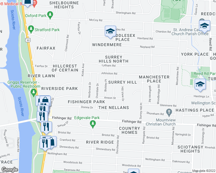 map of restaurants, bars, coffee shops, grocery stores, and more near 3872 Bickley Place in Columbus