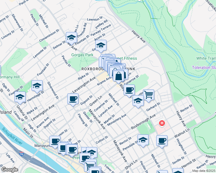 map of restaurants, bars, coffee shops, grocery stores, and more near 464 Green Lane in Philadelphia