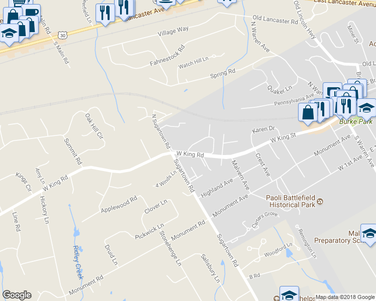 map of restaurants, bars, coffee shops, grocery stores, and more near 117 Charleston Green in Malvern