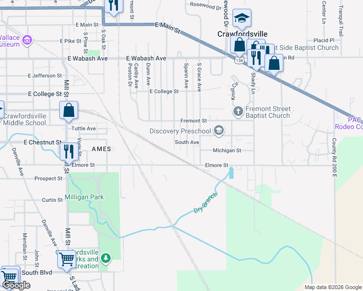 map of restaurants, bars, coffee shops, grocery stores, and more near 903 Spann Avenue in Crawfordsville
