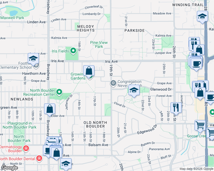 map of restaurants, bars, coffee shops, grocery stores, and more near 3275 19th Street in Boulder