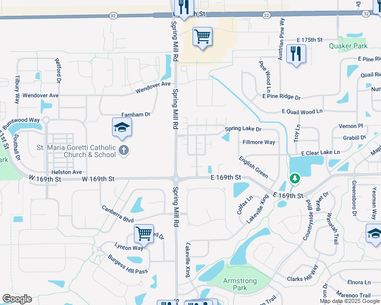 map of restaurants, bars, coffee shops, grocery stores, and more near 17004 Silver Vista Lane in Westfield