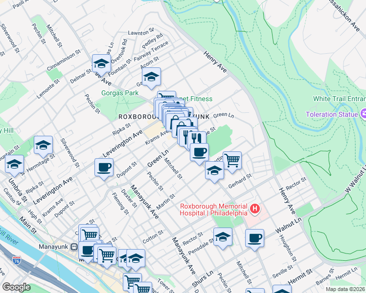 map of restaurants, bars, coffee shops, grocery stores, and more near 475 Green Lane in Philadelphia