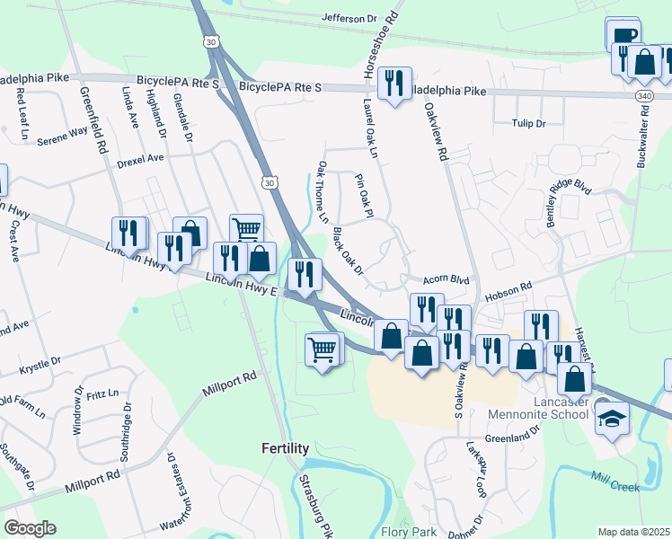 map of restaurants, bars, coffee shops, grocery stores, and more near 109 Black Oak Drive in Lancaster