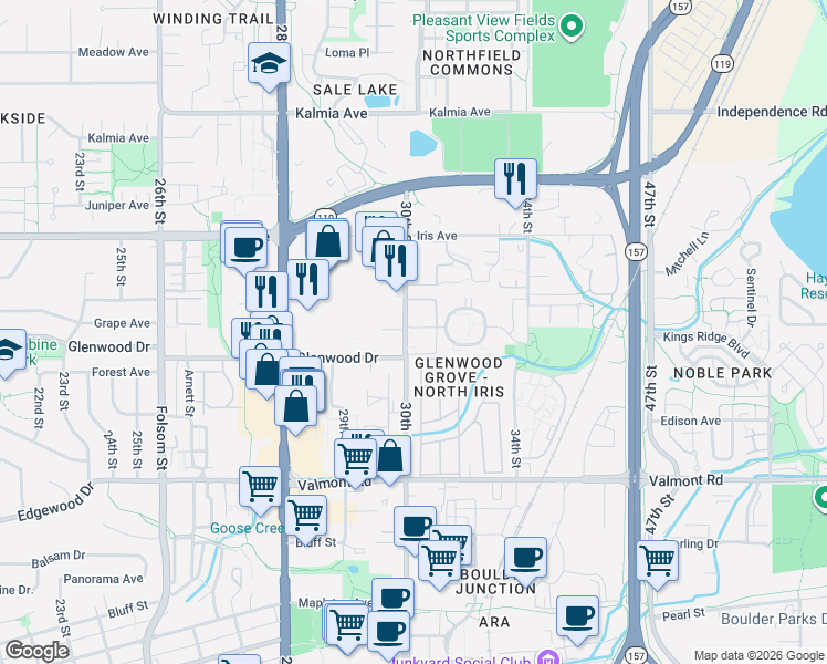 map of restaurants, bars, coffee shops, grocery stores, and more near 3030 Oneal Parkway in Boulder