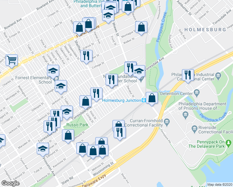 map of restaurants, bars, coffee shops, grocery stores, and more near 4724 Hartel Avenue in Philadelphia