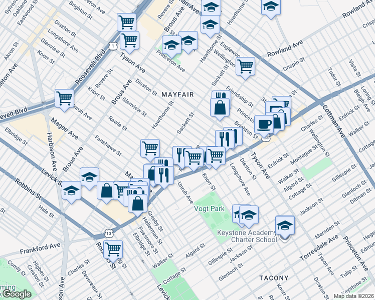 map of restaurants, bars, coffee shops, grocery stores, and more near 3239 Knorr Street in Philadelphia