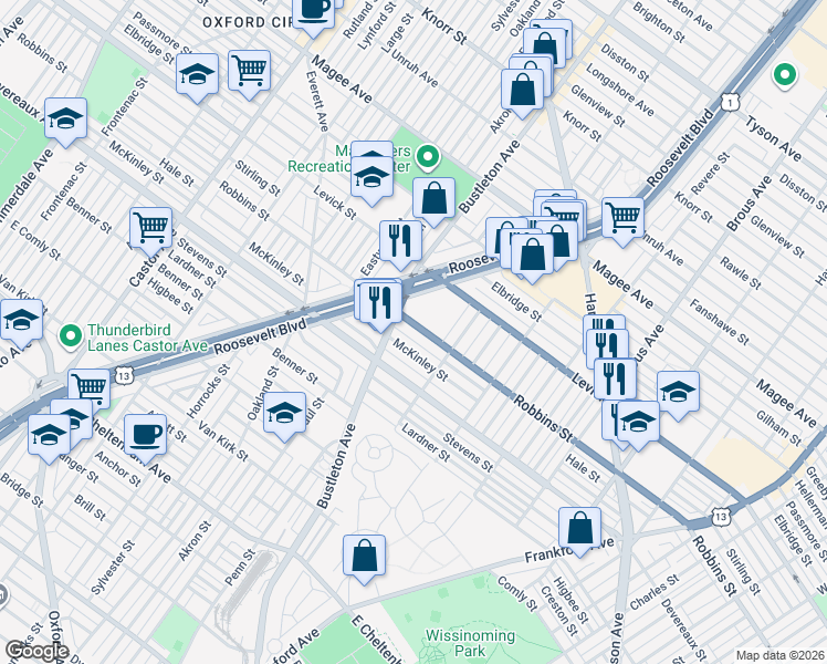 map of restaurants, bars, coffee shops, grocery stores, and more near 2024 Robbins Street in Philadelphia