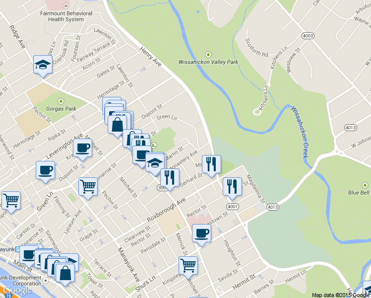 map of restaurants, bars, coffee shops, grocery stores, and more near 588 Monastery Avenue in Philadelphia
