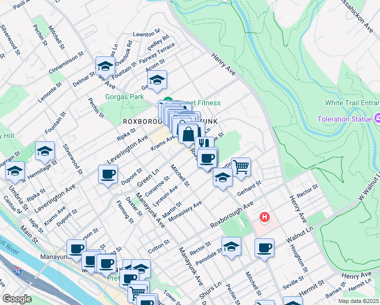 map of restaurants, bars, coffee shops, grocery stores, and more near 475 Green Lane in Philadelphia