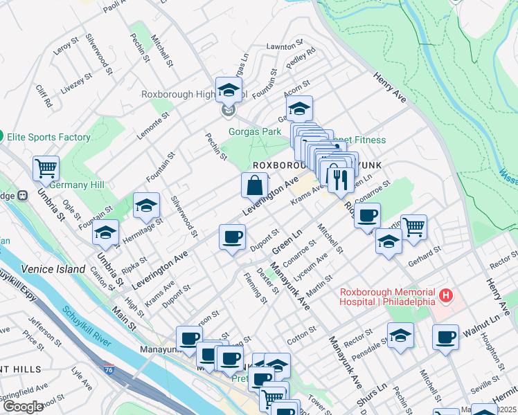 map of restaurants, bars, coffee shops, grocery stores, and more near 4550 Pechin Street in Philadelphia