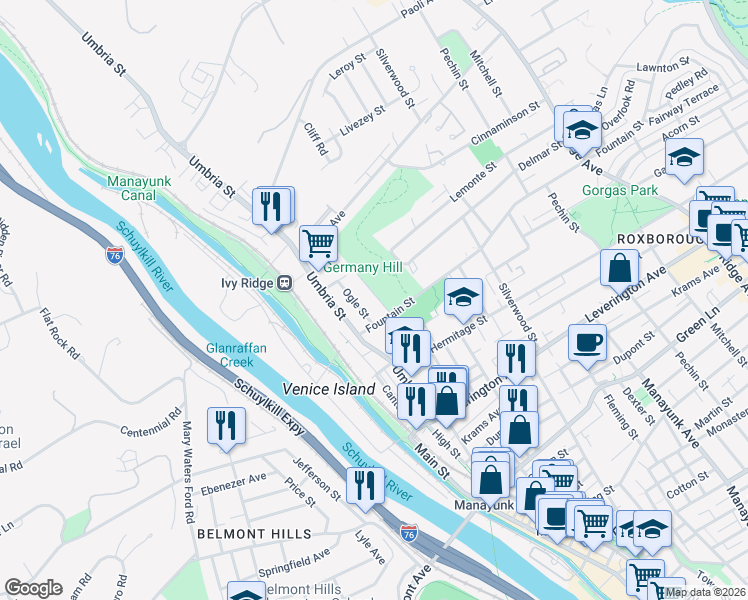 map of restaurants, bars, coffee shops, grocery stores, and more near 4833 Ogle Street in Philadelphia