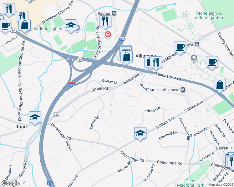 map of restaurants, bars, coffee shops, grocery stores, and more near 101 Sproul Road in Villanova