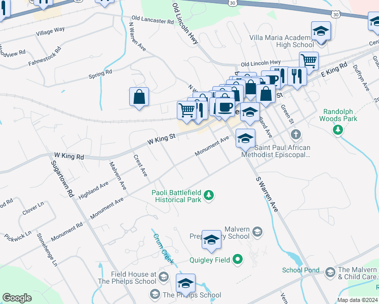 map of restaurants, bars, coffee shops, grocery stores, and more near 219 Monument Avenue in Malvern