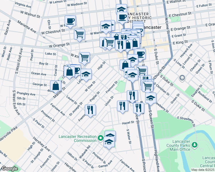 map of restaurants, bars, coffee shops, grocery stores, and more near 502 Poplar Street in Lancaster