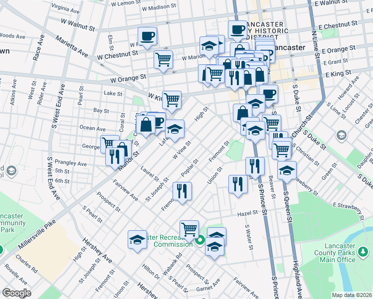 map of restaurants, bars, coffee shops, grocery stores, and more near 533 Saint Joseph Street in Lancaster