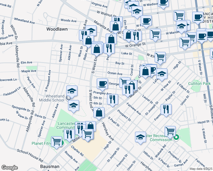 map of restaurants, bars, coffee shops, grocery stores, and more near 323 Pearl Street in Lancaster