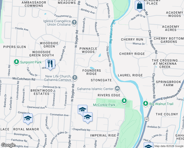 map of restaurants, bars, coffee shops, grocery stores, and more near 388 Lily Pond Court in Columbus