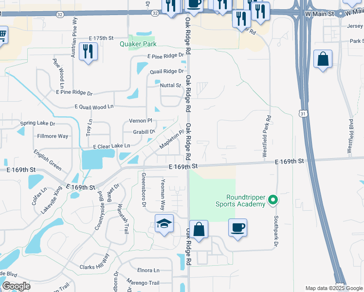 map of restaurants, bars, coffee shops, grocery stores, and more near 16957 Fulton Place in Westfield