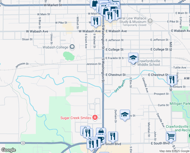 map of restaurants, bars, coffee shops, grocery stores, and more near 115 West Chestnut Street in Crawfordsville