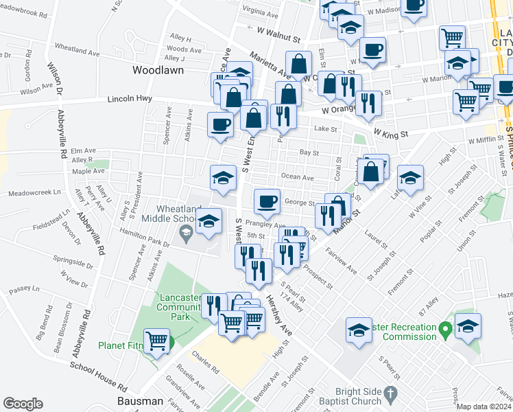 map of restaurants, bars, coffee shops, grocery stores, and more near 841 4th Street in Lancaster