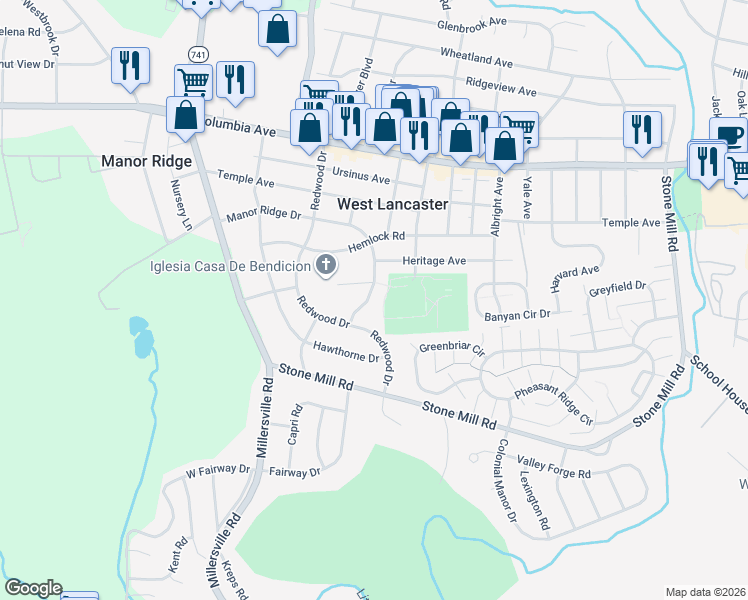 map of restaurants, bars, coffee shops, grocery stores, and more near 1719 Manor Ridge Drive in Lancaster