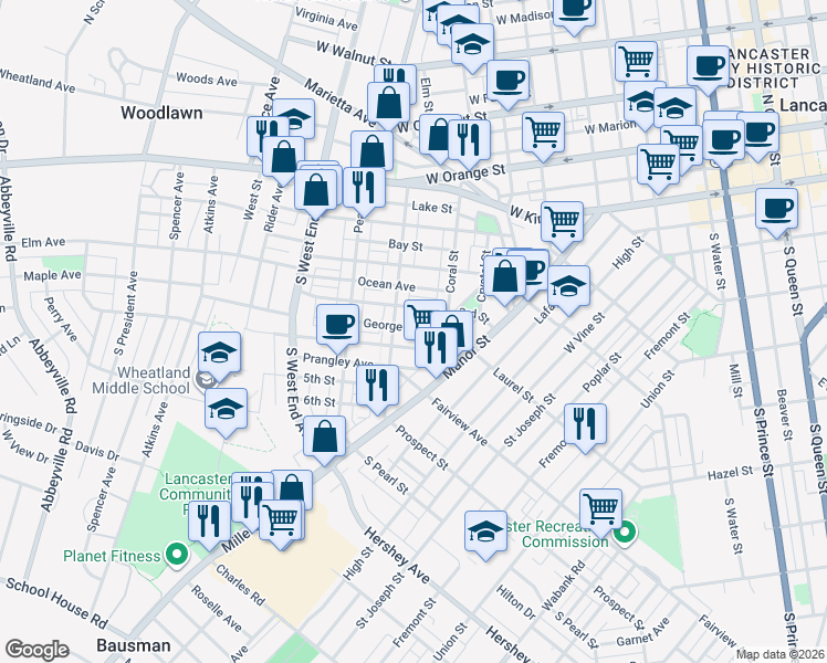 map of restaurants, bars, coffee shops, grocery stores, and more near 638 George Street in Lancaster