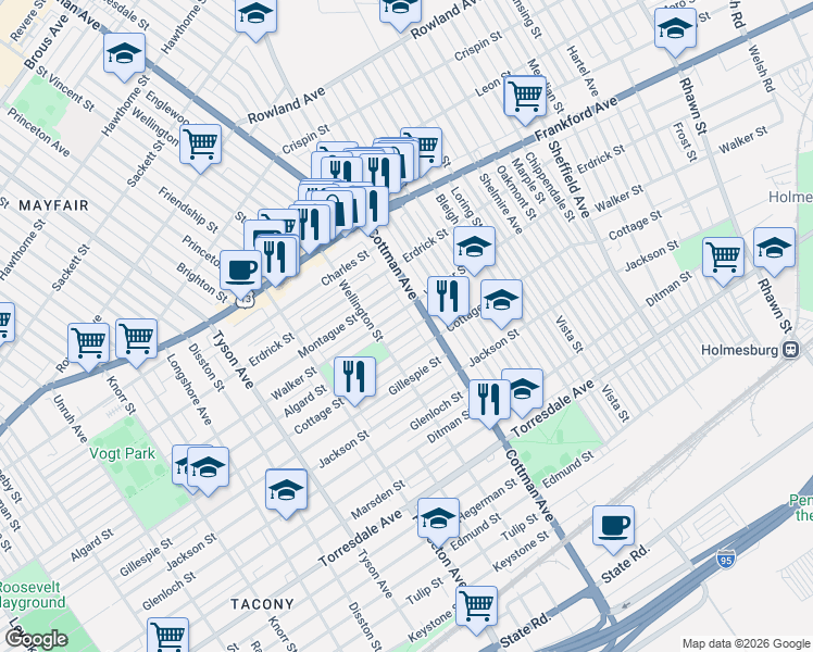 map of restaurants, bars, coffee shops, grocery stores, and more near 7232 Algard Street in Philadelphia