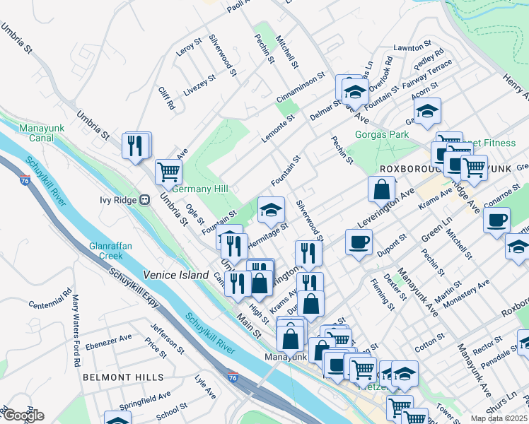 map of restaurants, bars, coffee shops, grocery stores, and more near 4724 Fowler Street in Philadelphia