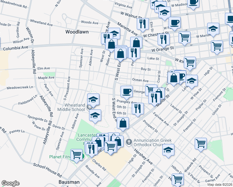 map of restaurants, bars, coffee shops, grocery stores, and more near 329 South West End Avenue in Lancaster