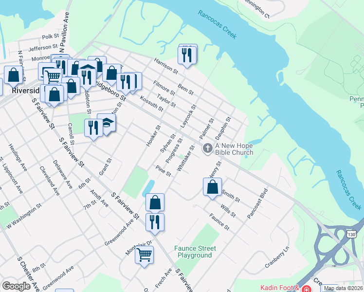 map of restaurants, bars, coffee shops, grocery stores, and more near 270 Progress Street in Riverside