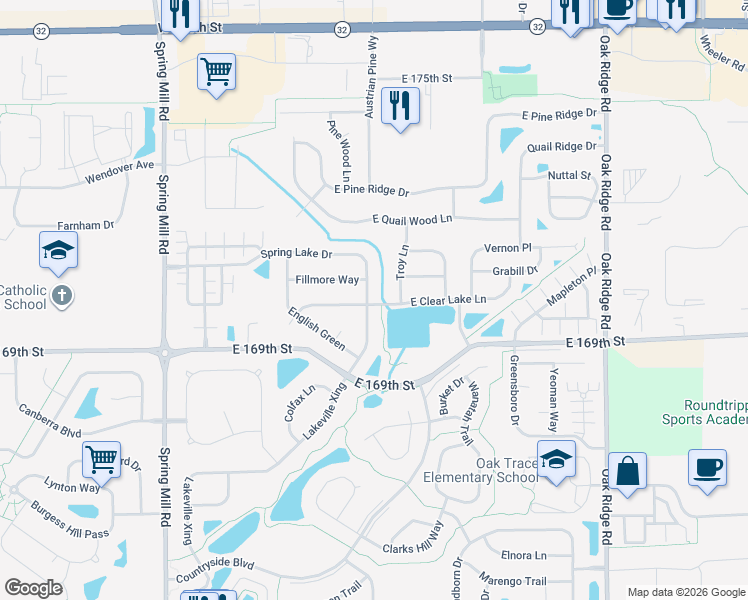 map of restaurants, bars, coffee shops, grocery stores, and more near 17002 Troy Lane in Westfield