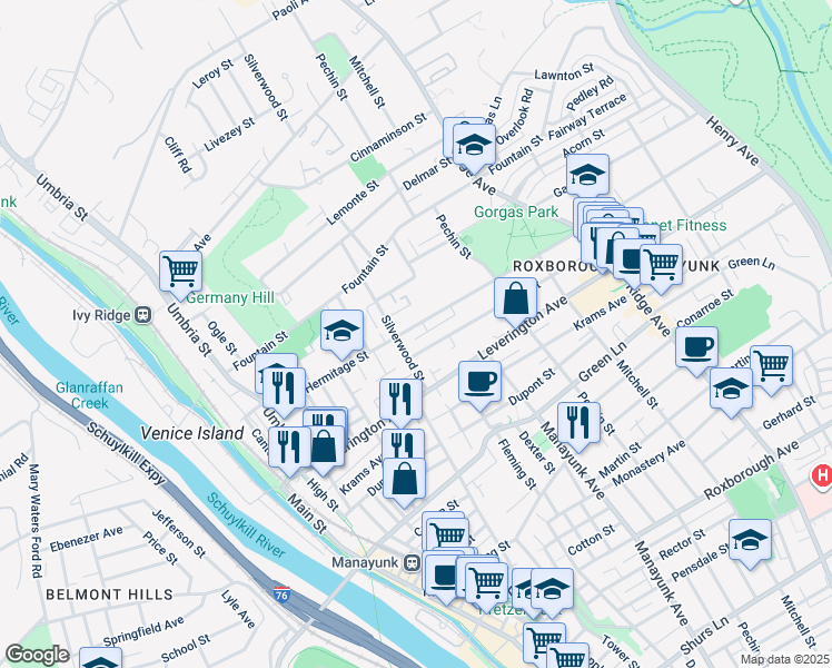 map of restaurants, bars, coffee shops, grocery stores, and more near 319 Hermitage Street in Philadelphia