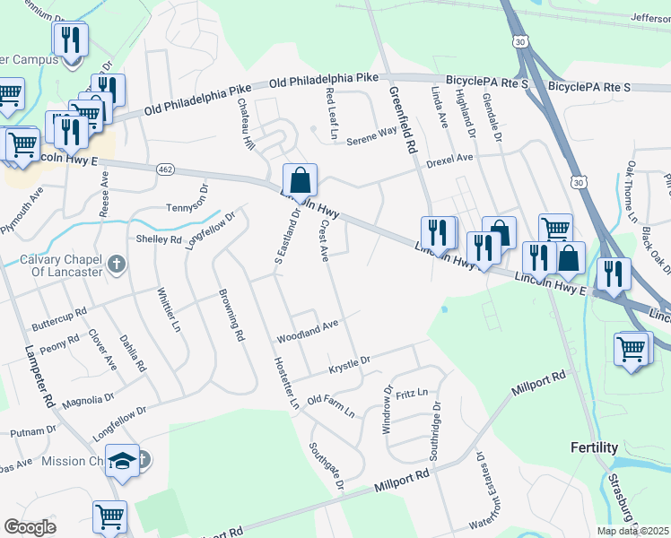 map of restaurants, bars, coffee shops, grocery stores, and more near 129 Crest Ave in Lancaster