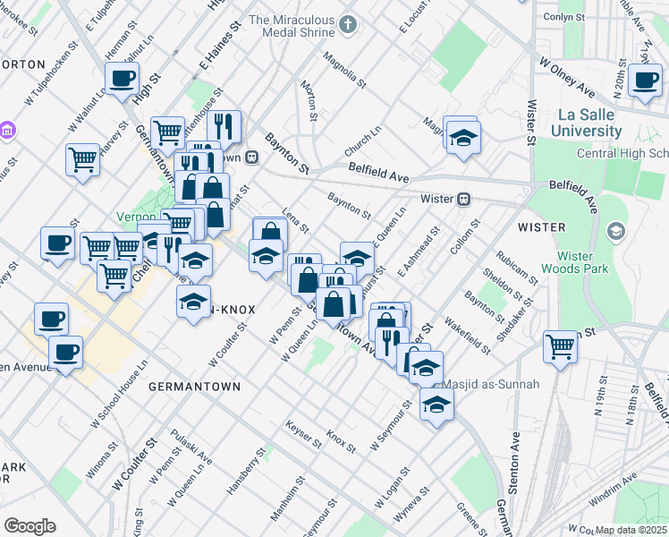 map of restaurants, bars, coffee shops, grocery stores, and more near 53 E Penn St in Philadelphia