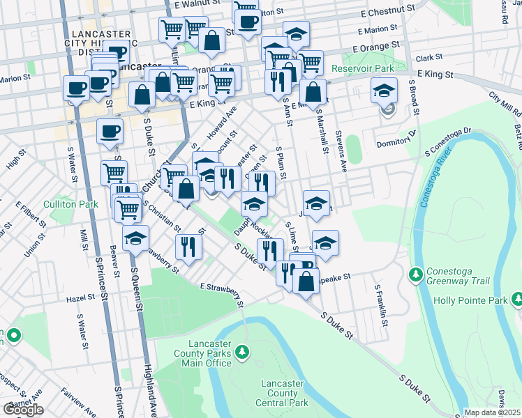 map of restaurants, bars, coffee shops, grocery stores, and more near 602 South Lime Street in Lancaster