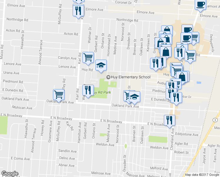 map of restaurants, bars, coffee shops, grocery stores, and more near 3271 Medina Avenue in Columbus