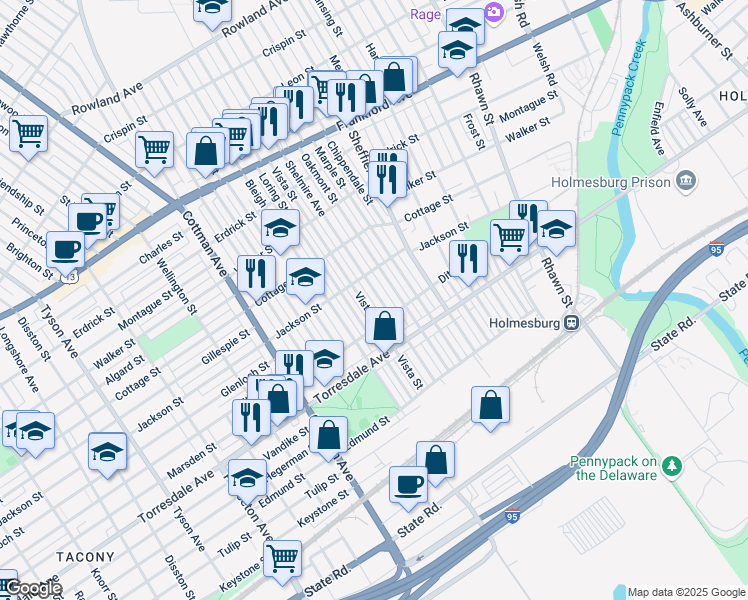map of restaurants, bars, coffee shops, grocery stores, and more near 4532 Shelmire Avenue in Philadelphia