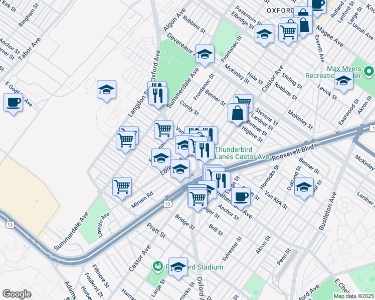 map of restaurants, bars, coffee shops, grocery stores, and more near 5808 Oxford Avenue in Philadelphia