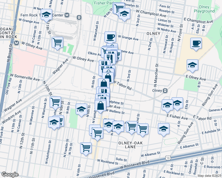map of restaurants, bars, coffee shops, grocery stores, and more near 5408 North Lawrence Street in Philadelphia